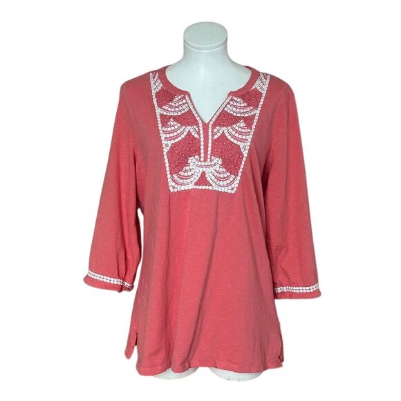 Charter Club Women's 1X Pink Embroidered V-Neck Tunic Top 3/4 Sleeve - Picture 1 of 5